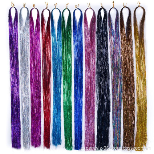 Hair Tinsel Glitter 120cm 48inch laser Synthetic Hair Extension Glitter Rainbow For Girls And Party